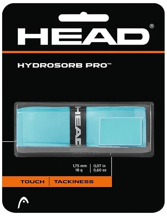 The HEAD HydroSorb Pro Replacement Badminton Grip in Celeste offers an enhanced feel with one super tacky grip. It's 1.75 mm thick and weighs 18 g, with "touch" and "tackiness" clearly marked on the packaging for easy reference.