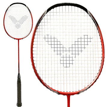 The orange and black Victor WaveTec Magan 9 badminton racket from Victor highlights a close-up of the V-shaped string pattern. From handle to head, its design incorporates shock-reducing technology for enhanced play.