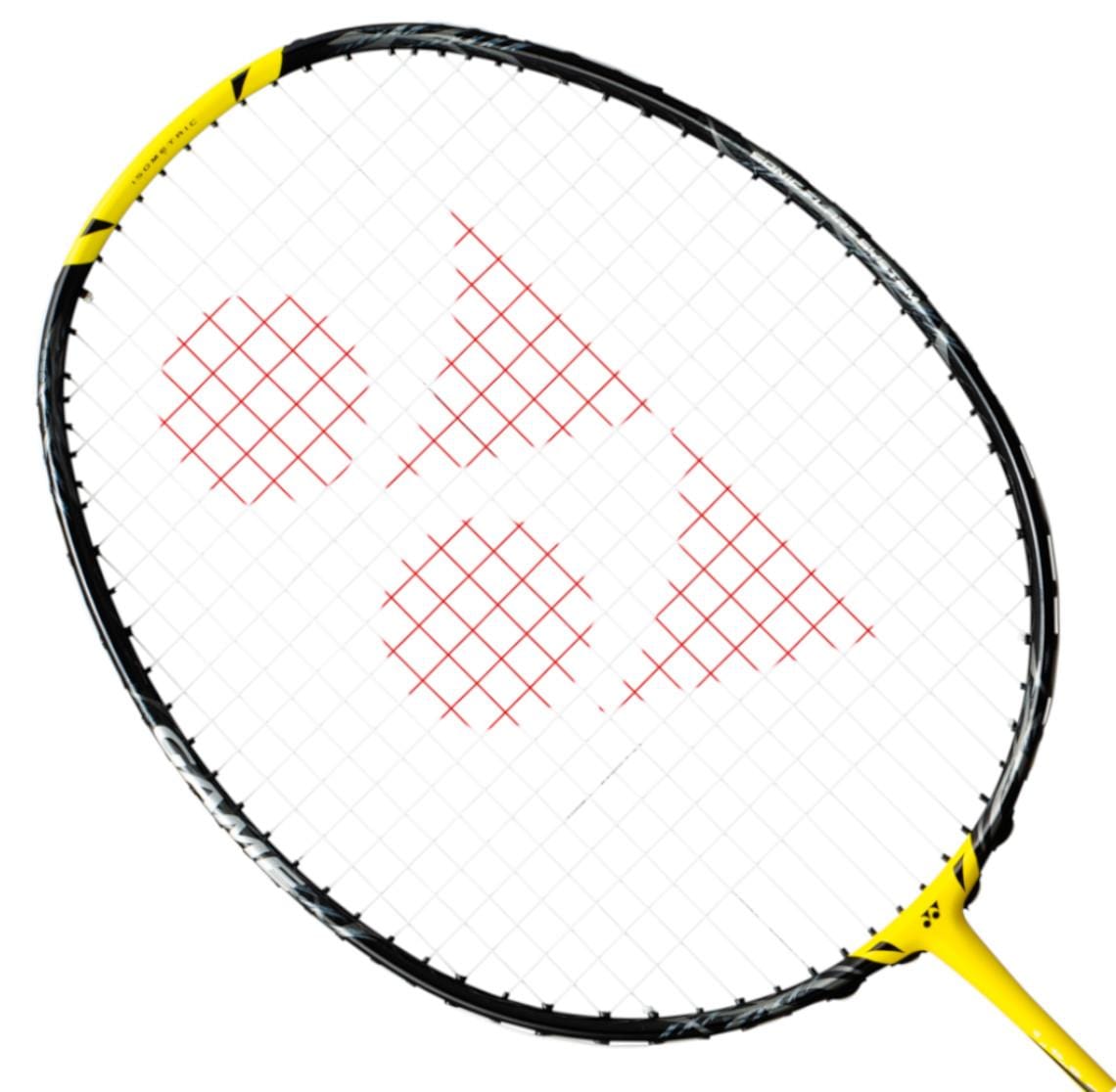 A Yonex Nanoflare 1000 Game 4U badminton racket in Lightning Yellow, featuring a red logo on the mesh strings, is displayed at an angle against a white background.