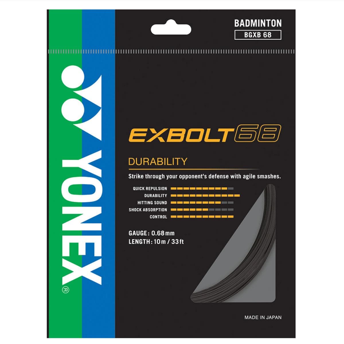 Yonex Exbolt 68 Badminton String Black (Midnight Blue) packet features a black, blue, and green design. Highlights include FORGED FIBER durability, 0.68 mm gauge, 10 m length, and made in Japan.
