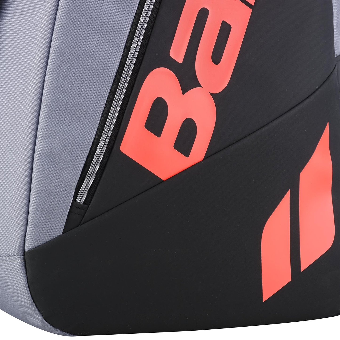 Close-up of the Babolat RH6 Pure Strike 6 Racket Tennis Racket Bag in Carbon Grey, featuring bold red "BA" text, a red geometric logo, diagonal zipper design, and water repellent material for added protection.