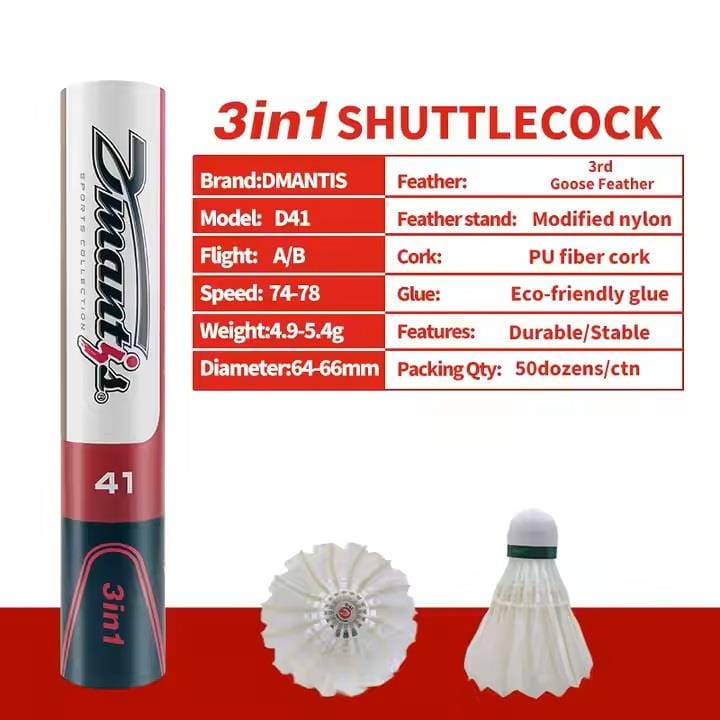 An Ashaway Dmantis D41 Hybrid Badminton Feather Shuttles package displays specs for the model, including goose feathers, a durable nylon skirt, PU fiber cork, and dimensions. Three shuttlecocks are shown at the bottom.
