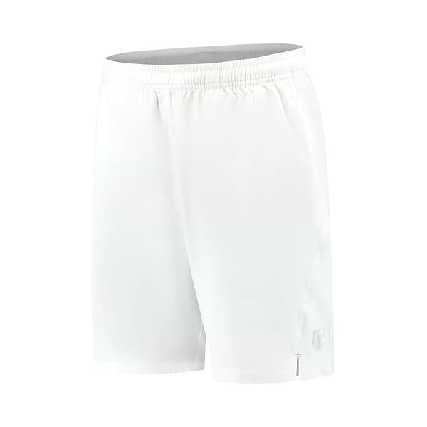 The K-Swiss Hypercourt 7" Men's Badminton Shorts in white, featuring four-way stretch polyester and an elastic waistband, offer a minimalist design with a subtle logo. Perfect for sports or exercise, their lightweight fabric provides comfort and style inspired by K-Swiss Hypercourt 2.