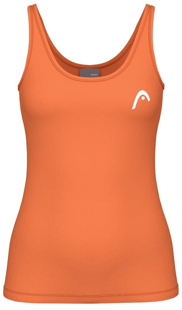 The HEAD Spirit II Women's Badminton Tank Top - CN offers a scoop neckline, vibrant orange color, small white logo on the right chest, and advanced moisture transfer microfiber for improved cooling.