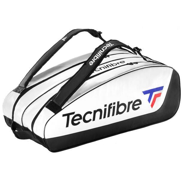 The Tecnifibre Tour Endurance 2023 12 Racket Badminton Bag in white and black is crafted with durable tarpaulin material. It prominently showcases the Tecnifibre logo and brand name, featuring multiple compartments and shoulder straps for easy carrying.