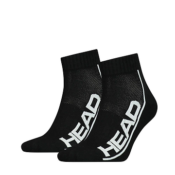 The HEAD Stripe Quarter Socks (2 Pack) in black showcase the word "HEAD" in striking white lettering on the side. These socks are designed with ribbed cuffs, cushioned soles for improved comfort, a mesh-like texture that ensures breathability, and built-in arch support to enhance your everyday steps.