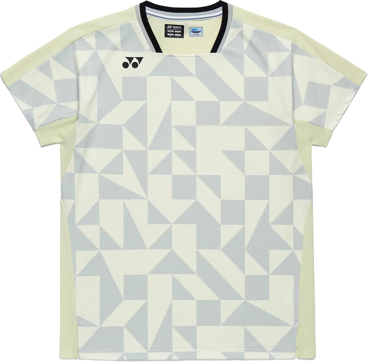 The Yonex 10712YX Crew Neck Men's Badminton T-Shirt in Champagne features a quick-drying fabric, light gray geometric pattern, pale yellow sleeves and sides, black collar trim, and a small Yonex logo on the upper left chest.