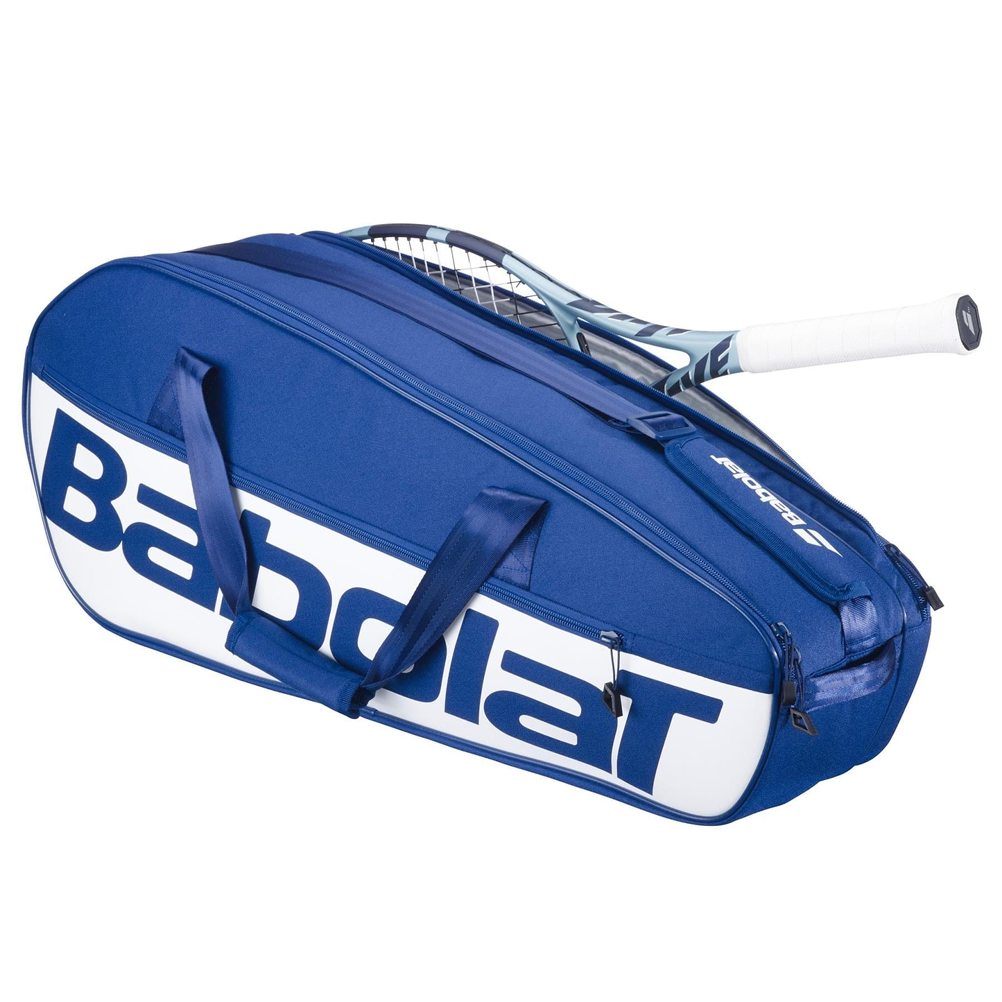 A dark blue Babolat Court M 6 Racket Badminton Bag with zipper and handles, made from recycled PET, holds a racquet with a white grip partially visible from the open compartment.