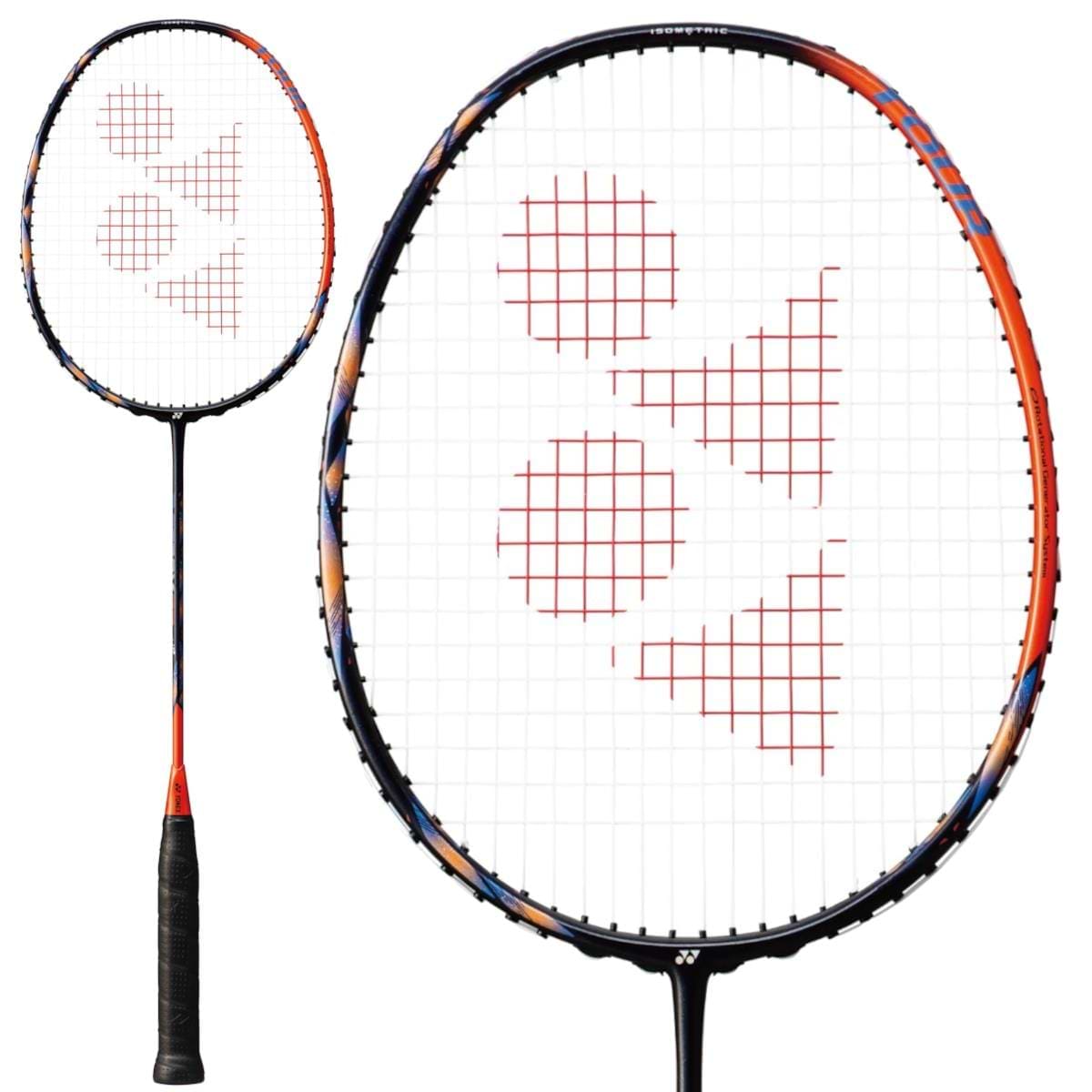 Introducing the Yonex Astrox 77 Tour 4U Badminton Racket in High Orange, featuring a striking black and orange handle and frame. Its white strings display a distinctive red logo pattern. With ISOMETRIC technology and a Rotational Generator System, this racket is beautifully showcased from both side and front views.