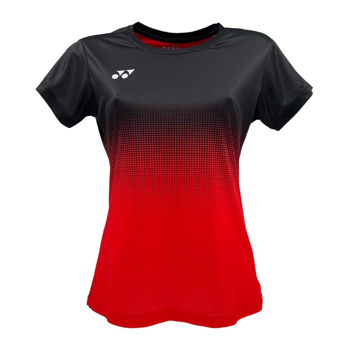 Introducing the Yonex YTL5 Women's Badminton T-Shirt in Red/Black: this short-sleeved sports shirt features a stylish gradient from black to red. Made from moisture-wicking polyester with advanced fabric tech, it includes a subtle white logo on the right shoulder for peak athletic performance.