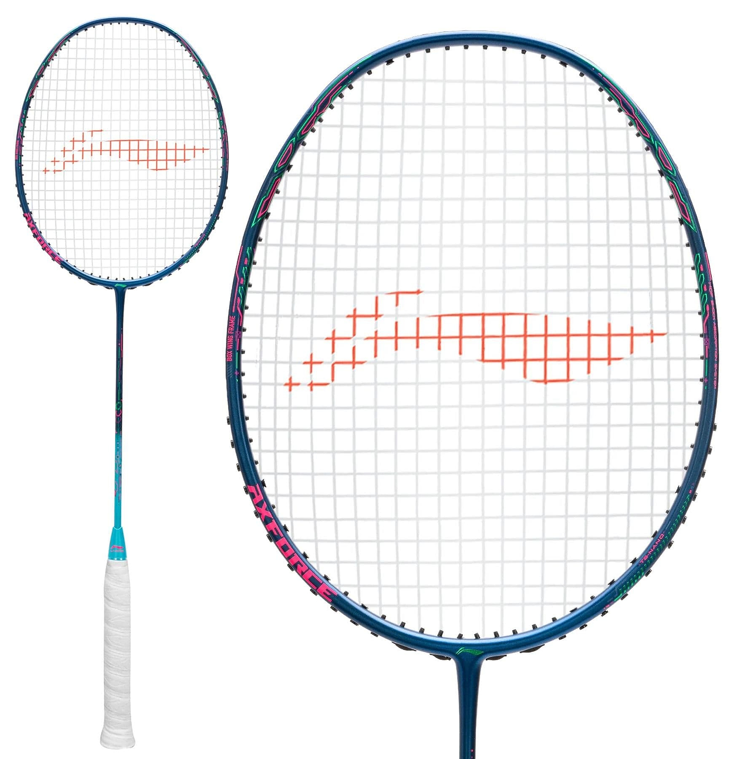 The Li-Ning Axforce 50 5U Badminton Racket in dark purple/blue, with a white grip and red string markings, is displayed in full view and a close-up of its Box Wing Frame on a white background.