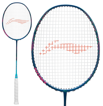 The Li-Ning Axforce 50 5U Badminton Racket in dark purple/blue, with a white grip and red string markings, is displayed in full view and a close-up of its Box Wing Frame on a white background.