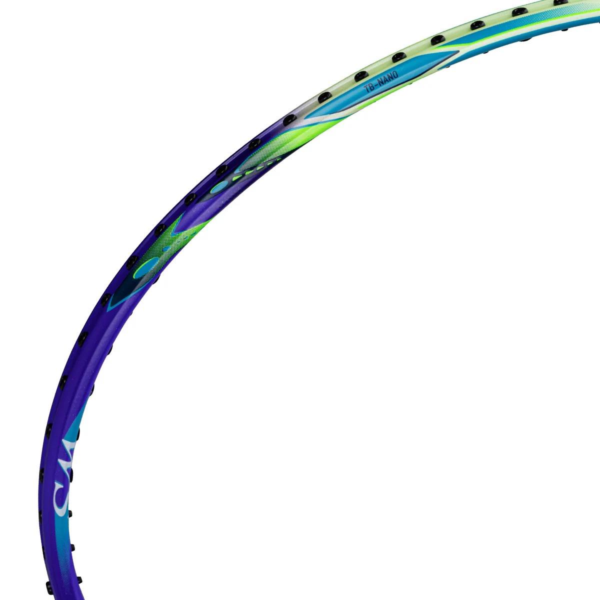 A close-up of the Li-Ning Windstorm 72 Power 6U Badminton Racket - Purple shows its vibrant blue, green, and purple frame, black grommets, and string holes—emphasizing its lightweight build and advanced TB Nano Technology.