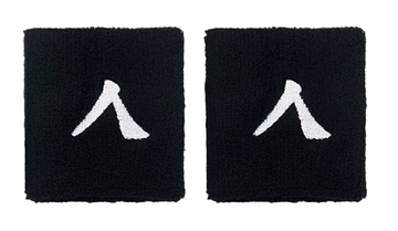 The Kanso 7cm Wristband - 2 Pack offers two black wristbands with a white abstract symbol resembling a stylized letter, crafted from absorbent fabric for maximum comfort, elegantly highlighted on a simple white backdrop.