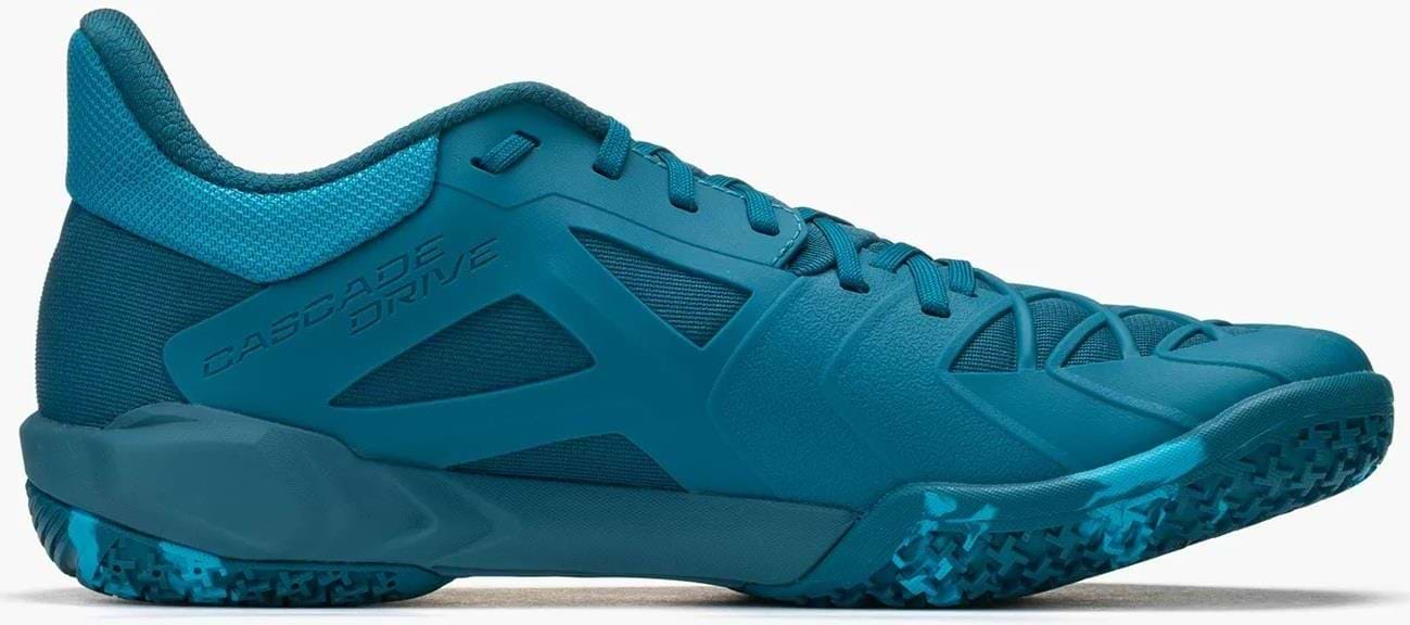 The Yonex Power Cushion Cascade Drive 3 Unisex Badminton Shoe in Peacock Blue features a textured sole, mesh and synthetic upper, and "CASCADE DRIVE" text on the side, shown from the left.