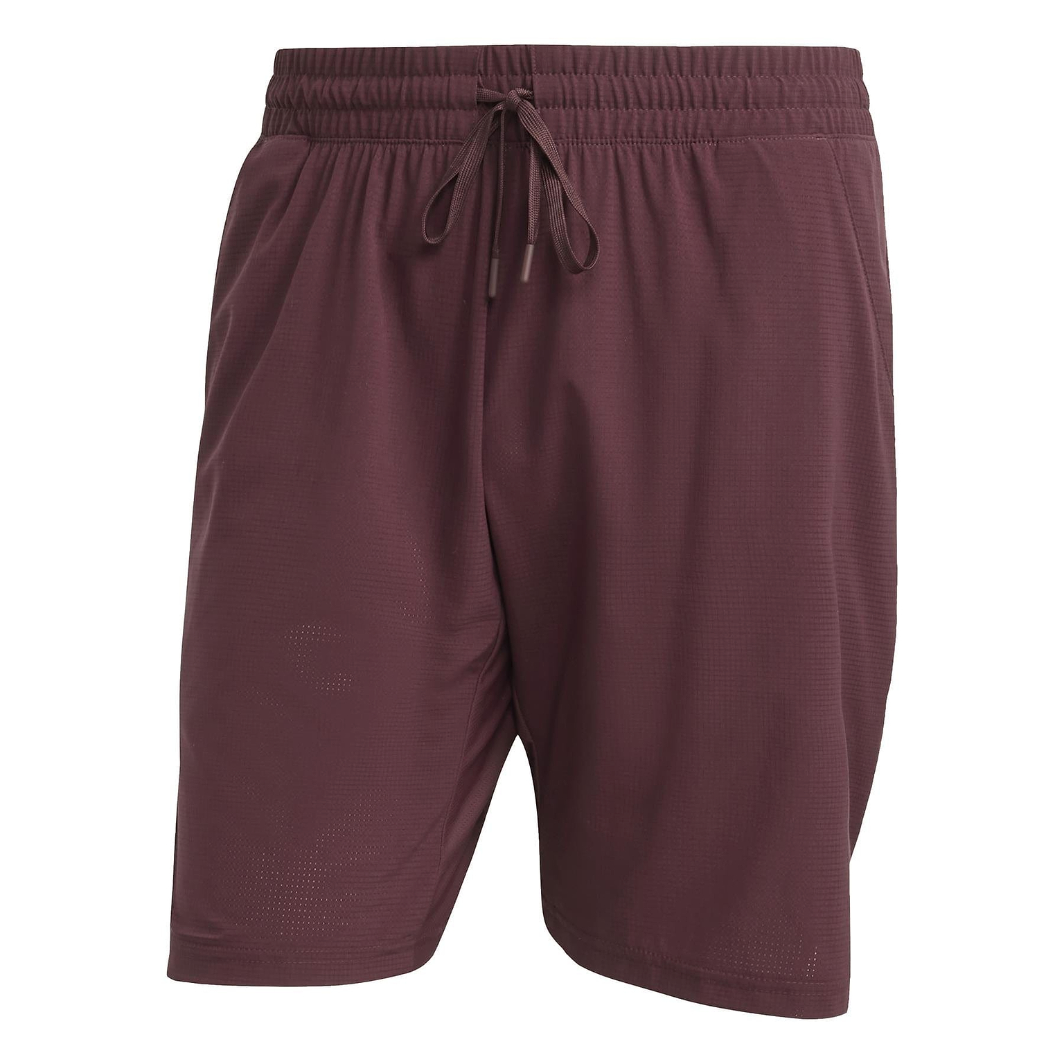 The ADIDAS Ergo Men's Badminton Shorts in Ruby are maroon athletic shorts made from recycled materials, featuring an elastic waistband and drawstring. These lightweight, breathable shorts are perfect for casual wear or sports activities.