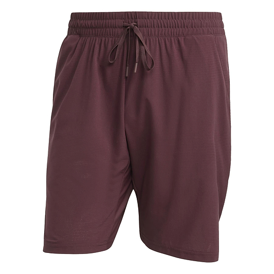 The ADIDAS Ergo Men's Badminton Shorts in Ruby are maroon athletic shorts made from recycled materials, featuring an elastic waistband and drawstring. These lightweight, breathable shorts are perfect for casual wear or sports activities.