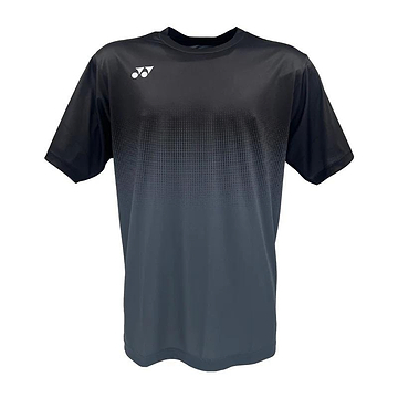 The Yonex YTM5 Men's Badminton T-Shirt in Shadow/Black features a downward gradient pattern. Made from moisture-wicking polyester, this short-sleeve tee sports a subtle white logo on the left shoulder near the collar, ideal for active play.