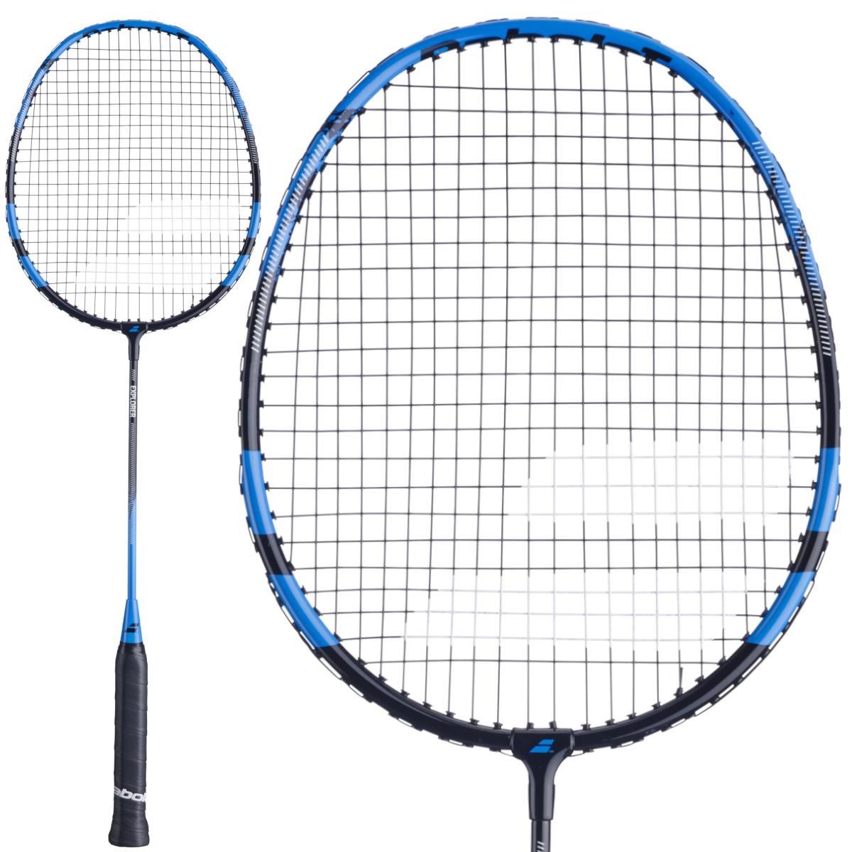 The Babolat Explorer 2026 Badminton Racket in blue and black, with a black grip and tightly strung net, is shown fully and in a close-up of the head—perfect for beginners.