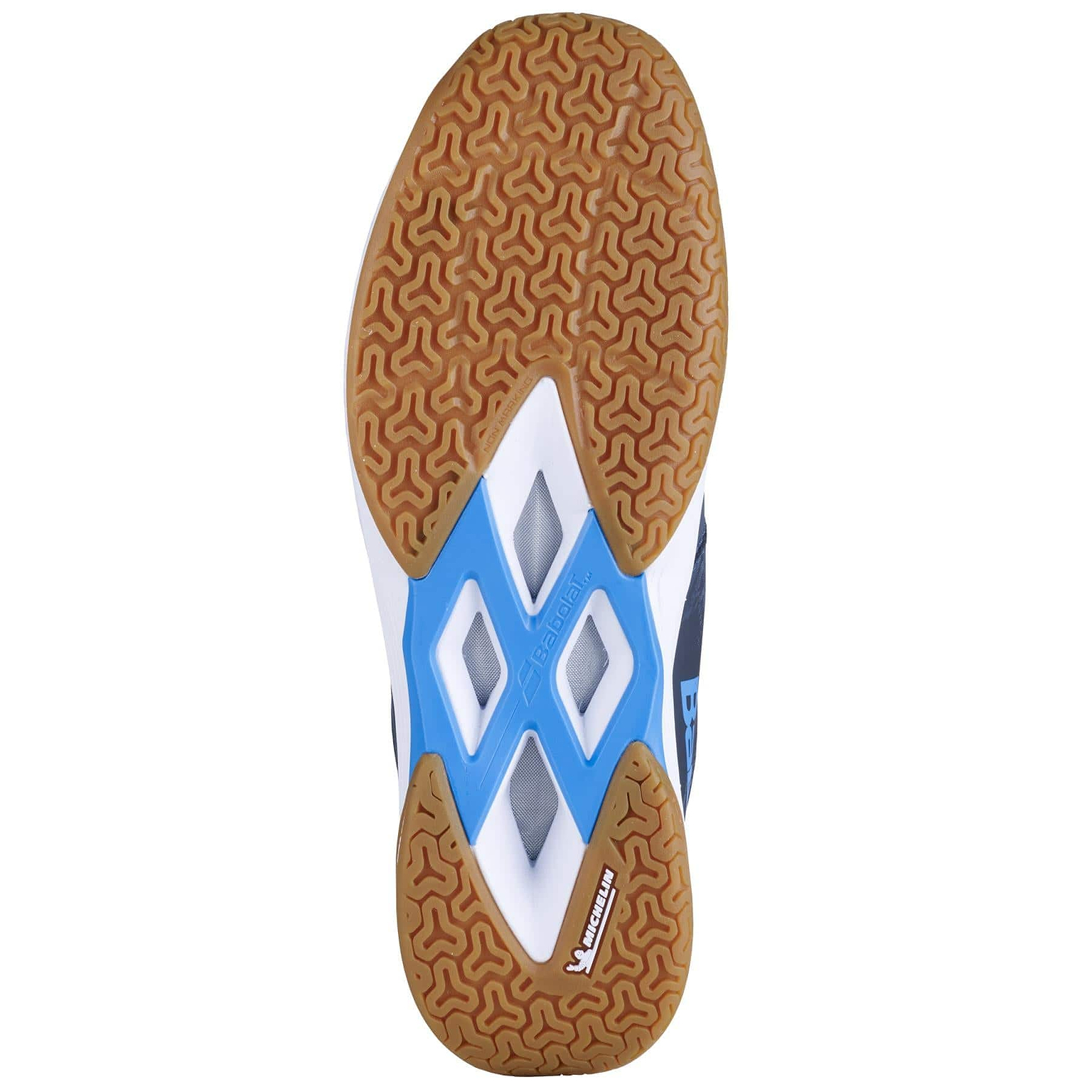 Close-up of the sole on Babolat Shadow Team 2 Mens Badminton Shoes (Black/Grey), showing a brown Michelin Rubber tread, blue and white accents at the midsole, and a “Non Marking” label near the heel.