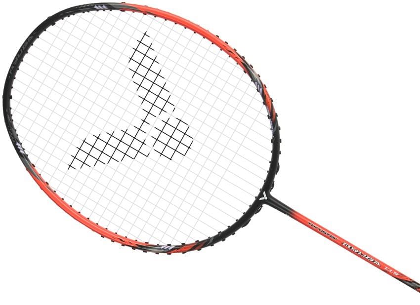 The Victor Thruster Ryuga CLS C 4U Badminton Racket by Victor features a black and red Power Box frame, white string bed, and a black logo design at the center of the strings.
