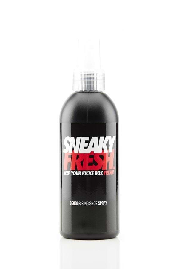 The "Sneaky Fresh Shoe Deodorant" by Sneaky is packaged in a black premium pump bottle with red and white text on the label that reads, "Keep your kicks box fresh." This spray eliminates odors and includes a transparent cap.