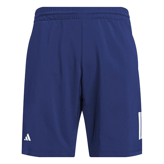 The image shows the ADIDAS Men's 3 Stripe Badminton Shorts in Navy. Featuring moisture-wicking, lightweight fabric and an elastic waistband, they are perfect for intense sports. A small white logo is on the left leg.