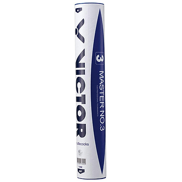 The Victor Master No.3 White Shuttlecocks come in a cylindrical packaging tube adorned with white and blue colors, prominently featuring the brand name "Victor" and the word "shuttlecocks." These superior goose feather shuttlecocks are meticulously crafted for outstanding flight consistency, guaranteeing exceptional performance on the court.