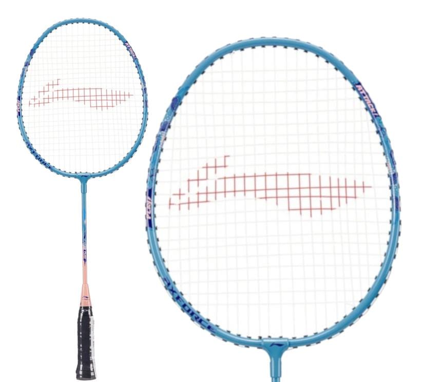 The Li-Ning Axforce Kids Play Racket, in azure blue with a red string design, features a black handle and white end cap. Against a white background, the full view left and close-up right emphasize its appeal for young players.