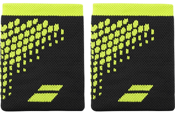 The Babolat Logo Jumbo Wristband - Aero Grey features a bright yellow hexagon diagonal design with a yellow logo, offering sweat absorption to keep you dry and comfortable during any activity.