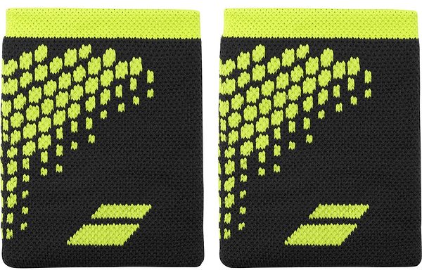 The Babolat Logo Jumbo Wristband - Aero Grey features a bright yellow hexagon diagonal design with a yellow logo, offering sweat absorption to keep you dry and comfortable during any activity.