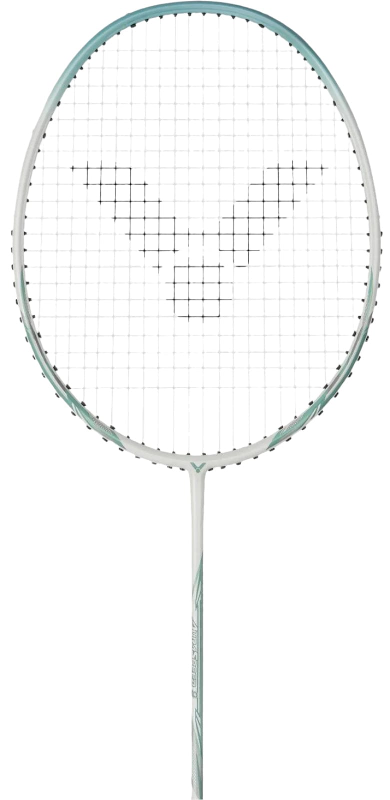 The Victor Auraspeed 9 R 4U Badminton Racket, ideal for beginner to intermediate players, boasts a stylish blue and white design. Its sleek frame and handle create a charming visual appeal, while the black string "V" pattern adds subtle sophistication.