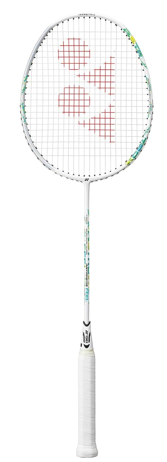 The Yonex Astrox 02 Feel 4U Badminton Racket in white and green, featuring a red logo on the strings and a white grip, is displayed against a plain background.