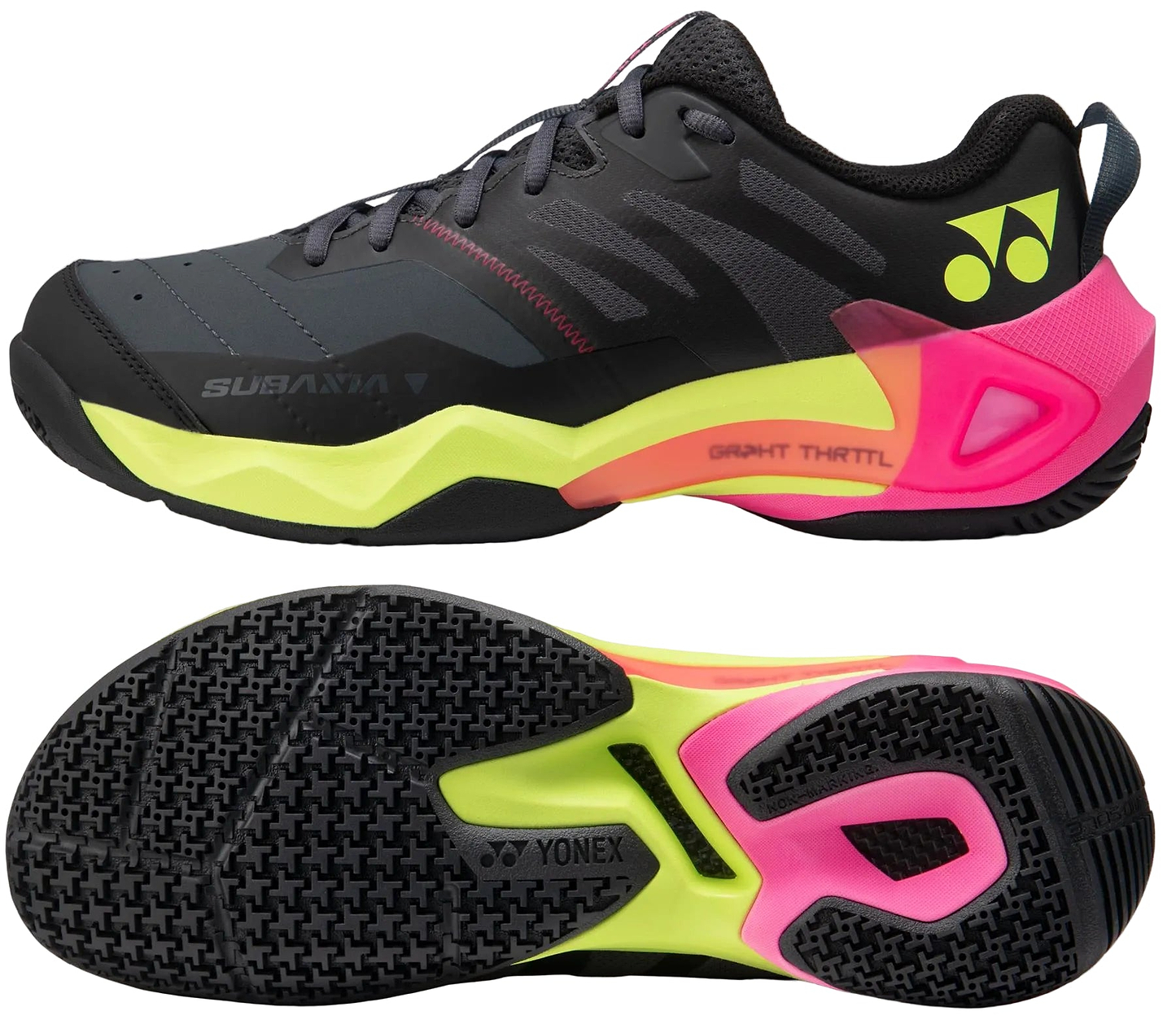 The Yonex Subaxia GT Men's Badminton Shoes in dark grey feature bold patterns, neon yellow and pink accents, the Yonex logo, and advanced GRPHT THRTTL technology for enhanced performance, shown from both side and sole views.