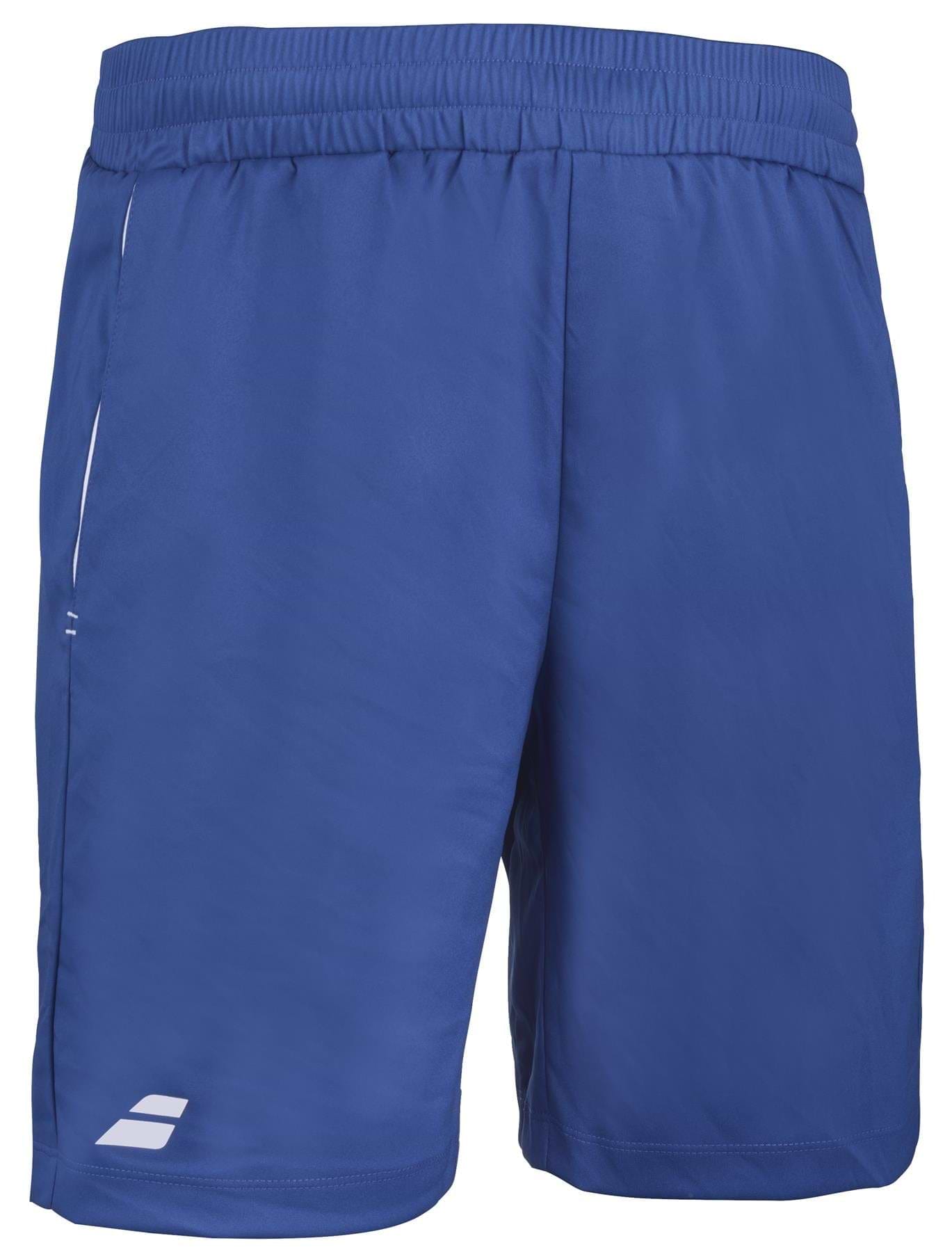 Babolat Play Mens Badminton Shorts in Sodalite Blue feature recycled polyester fabric, an elastic waistband, and a small white logo on the lower left side. The smooth and lightweight design incorporates 360 Motion technology, making them perfect for sports or casual wear while enhancing dynamic movement.