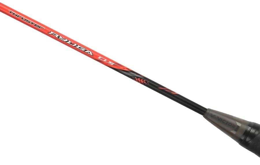 Close-up of the Victor Thruster Ryuga CLS C 4U Badminton Racket shaft in black and red, displaying "Thruster" and "TK-15" text near the metallic cone by the handle, with a Power Box frame design.