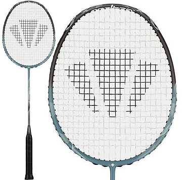 The Carlton Velocitex V410 3U Badminton Racket by Carlton features even balance, medium flex, a black grip, and a white-stringed head with a triangular black pattern. Shown in full view and a close-up of the racket head.