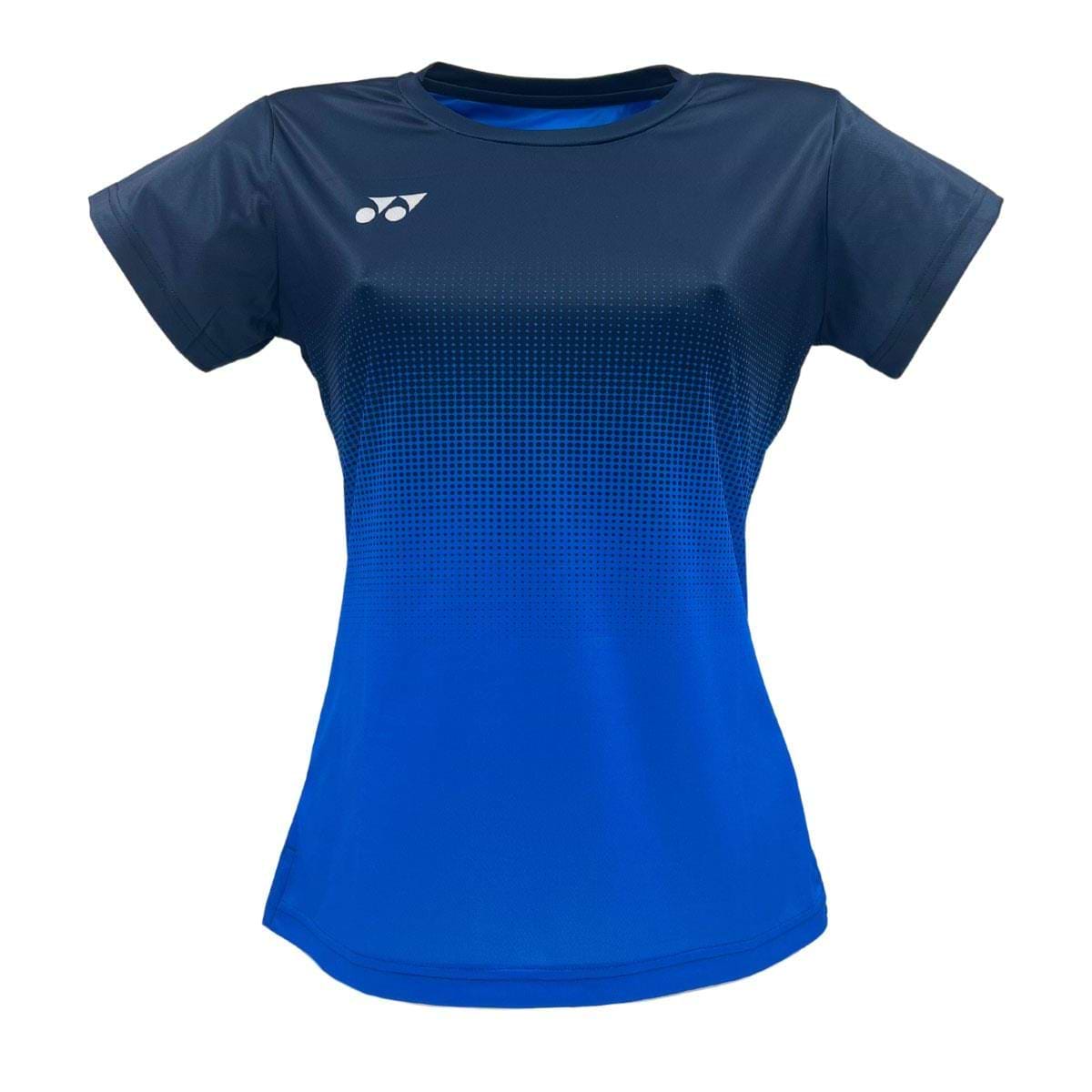 The Yonex YTL5 Women's Badminton T-Shirt in Royal/Navy features a blue athletic design with short sleeves and a gradient from dark navy to bright blue. Made with moisture-wicking polyester and advanced fabric technology, it sports a small white logo on the left shoulder for added style.