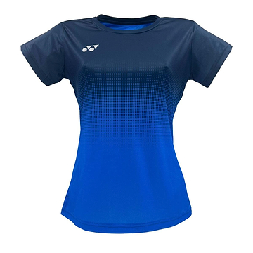 The Yonex YTL5 Women's Badminton T-Shirt in Royal/Navy features a blue athletic design with short sleeves and a gradient from dark navy to bright blue. Made with moisture-wicking polyester and advanced fabric technology, it sports a small white logo on the left shoulder for added style.
