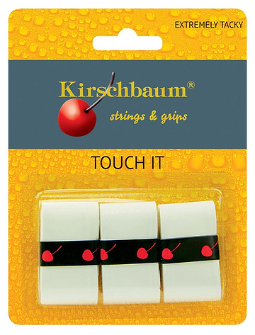 A product image of the Kirschbaum Touch It Badminton Overgrip 3 Pack displays three durable white overgrips, each with small red cherry logos. The packaging is labeled "TOUCH IT," and features a textured background with water droplets, emphasizing its "EXTREMELY TACKY" texture and superior absorption capabilities.