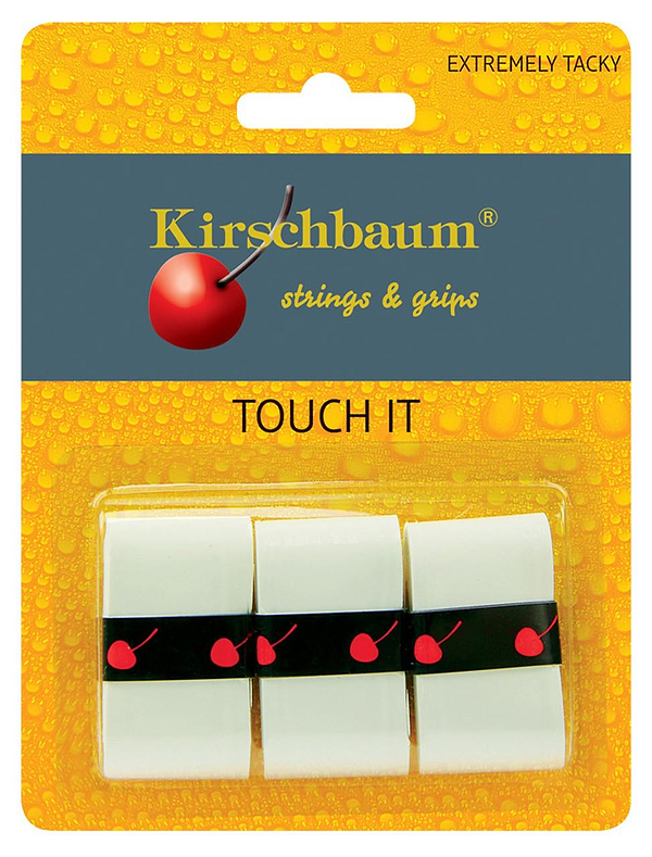 A product image of the Kirschbaum Touch It Badminton Overgrip 3 Pack displays three durable white overgrips, each with small red cherry logos. The packaging is labeled "TOUCH IT," and features a textured background with water droplets, emphasizing its "EXTREMELY TACKY" texture and superior absorption capabilities.