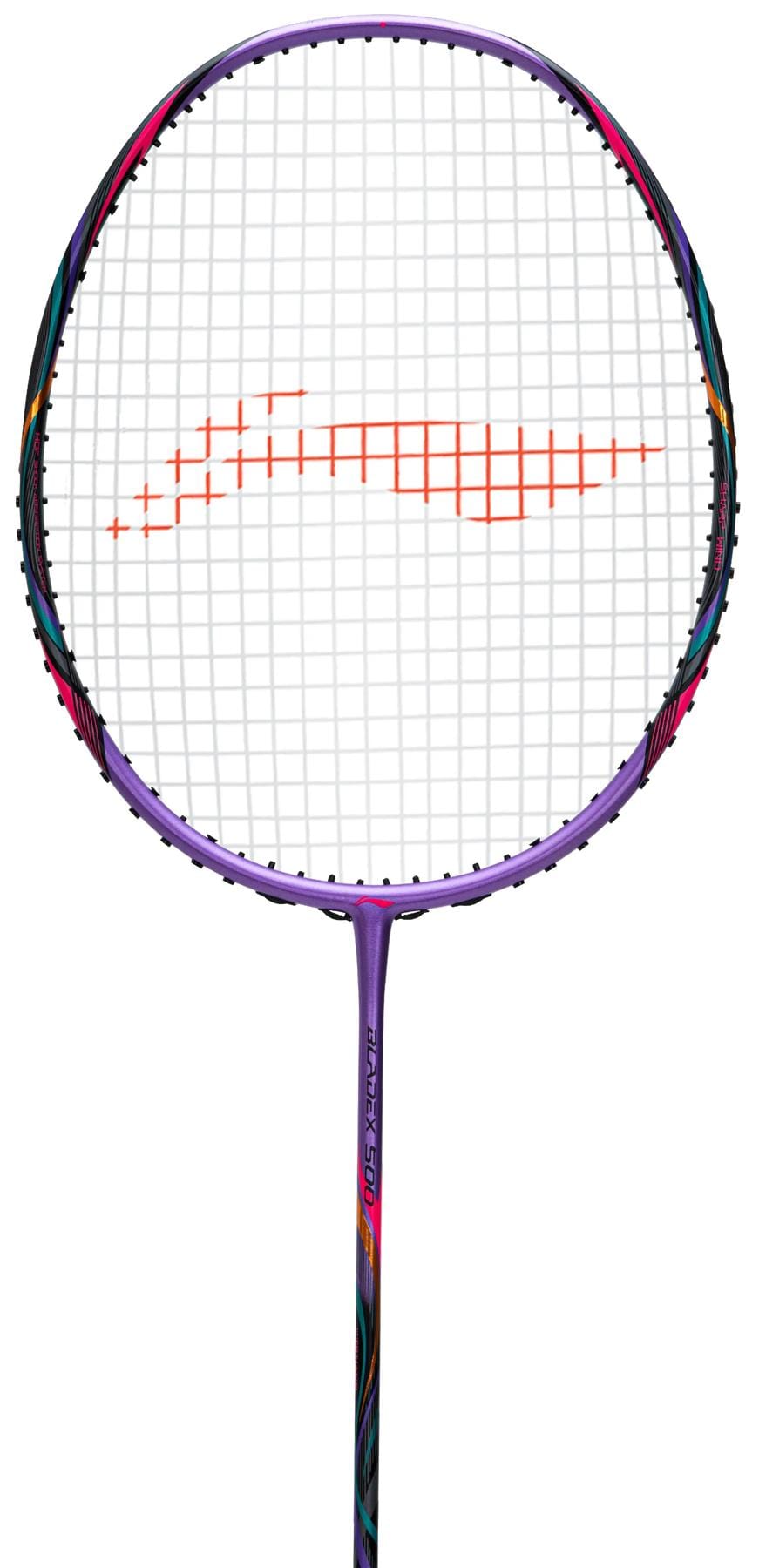 A close-up of the Li-Ning BladeX 500 3U Badminton Racket - Zircon shows its purple and black frame, white stringing with a red center pattern, and TB Nano Technology for enhanced durability.