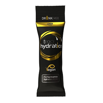 A black and gold packet of Torq Hydration Sachet - Lemon highlights its vegan-friendly, performance hydration benefits. Crafted with a hypotonic formulation for optimal electrolyte delivery, it's designed to efficiently recharge your body.