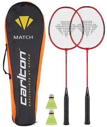 The Carlton Match 2 Player Badminton Set - Red includes two red steel alloy rackets for beginners, three yellow shuttlecocks, and an orange and black Carlton carrying case, all displayed on a white background.