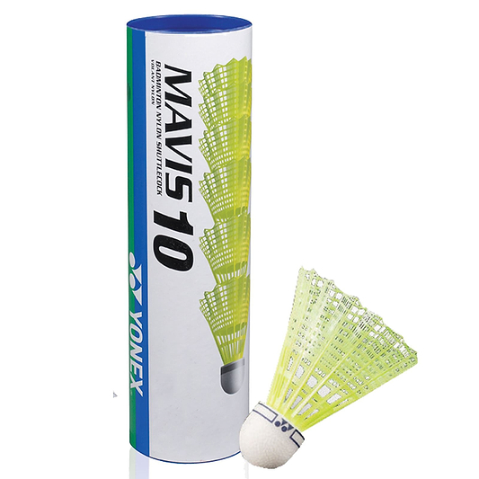 A Yonex Mavis 10 Badminton Nylon Shuttlecocks Yellow - Set of 6, with one yellow shuttlecock shown outside the Yonex-branded tube.