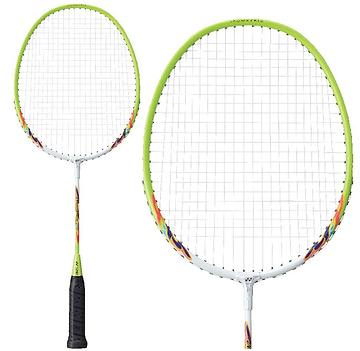 Displayed are two Yonex Muscle Power 2 Junior Badminton Rackets featuring isometric head shapes. They boast white frames accented with yellow and sport black grips. Their shafts are adorned with colorful designs, and the strings, enhanced by Muscle Power 2 technology, are tightly woven in a standard pattern.