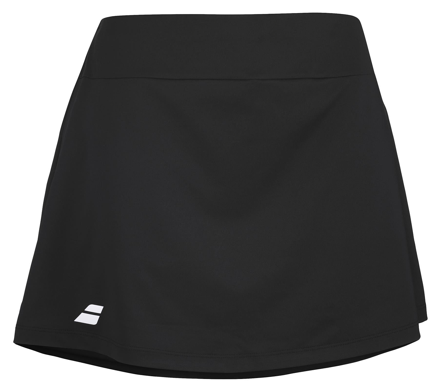 Introducing the Babolat Play Women's Badminton Skirt in black, showcasing a minimalist and sleek design with a subtle white geometric logo near the hem. Crafted from recycled polyester, this skirt delivers lightweight comfort for all your athletic endeavors. Perfect for ensuring 360 Motion on the court.
