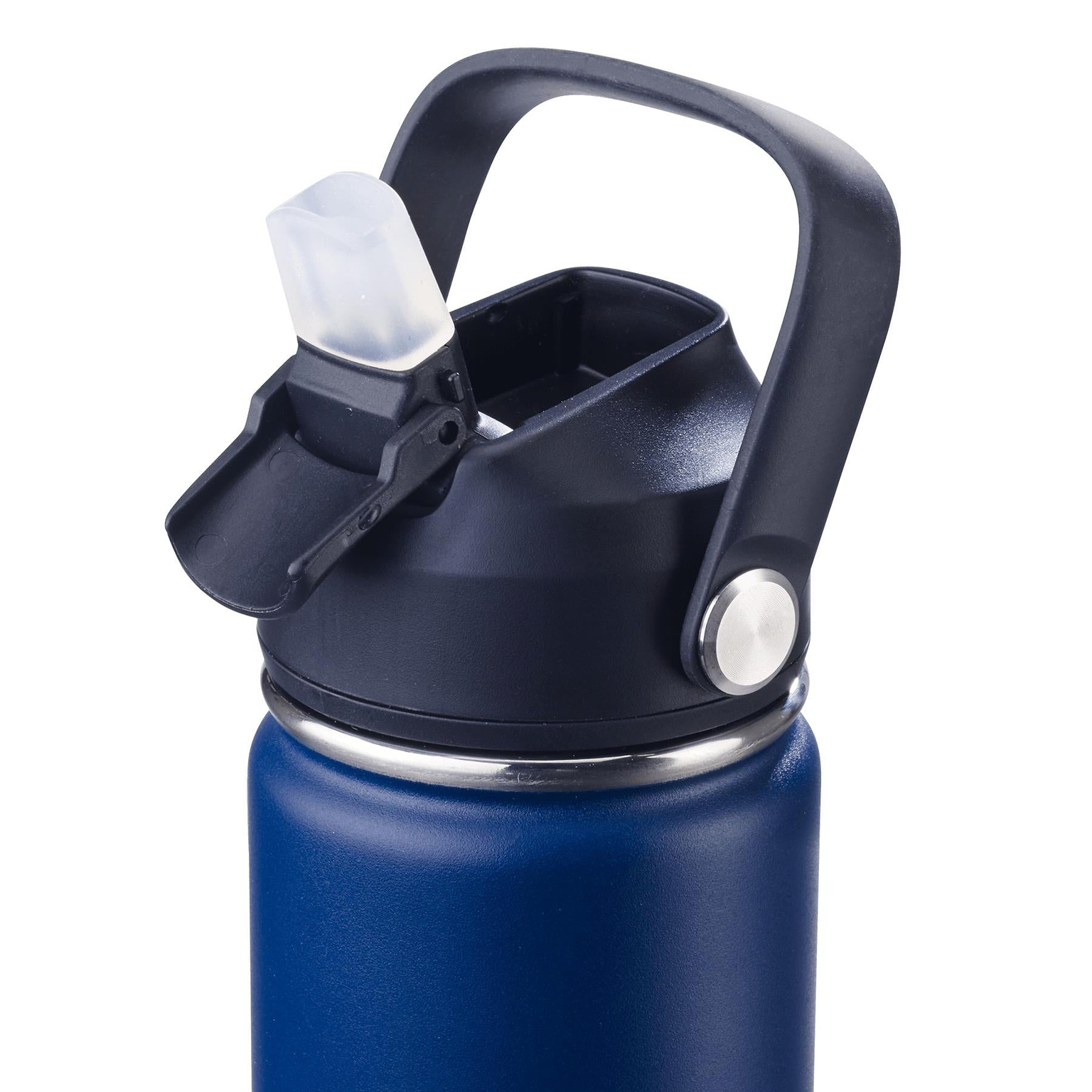 A close-up of the Babolat Isothermal 750ml Water Bottle in blue, featuring a black flip-open lid, silicone spout, and carrying handle, set against a white background.