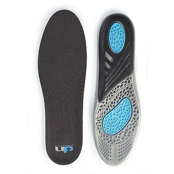The image showcases a pair of Ultimate Performance Gel Insoles by Ultimate Performance. The left insole displays a textured black surface with a slip-resistant design, while the right reveals a gray underside enhanced with blue cushioned sections and gel insole technology to provide superior comfort and shock impact support.