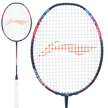 The Li-Ning Axforce 90 Tiger Max 4U Badminton Racket, designed for advanced players, stands out with its elegant black frame and white grip. Its string pattern creates a bold red design, complemented by blue and red accents along the outer edge. The racket is displayed against a pristine white background.